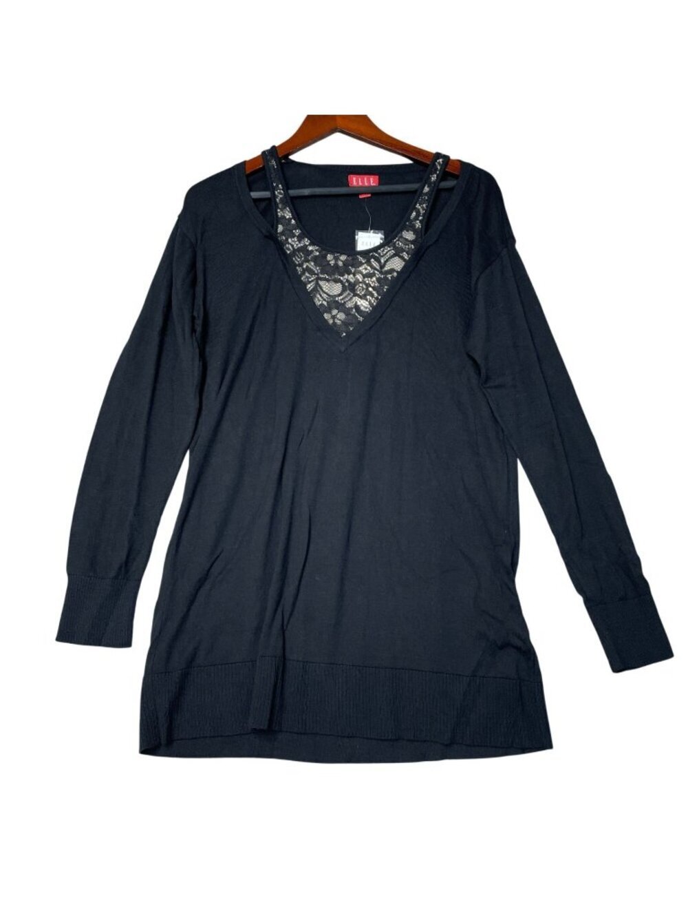 NWT Elle Women's L Black Long-Sleeve Tunic Lace  Cut off Sweater  i2011